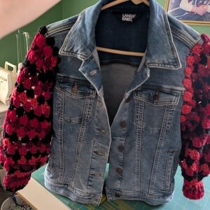 Lands' End Denim Jacket with Red and Black Crochet Sleeves